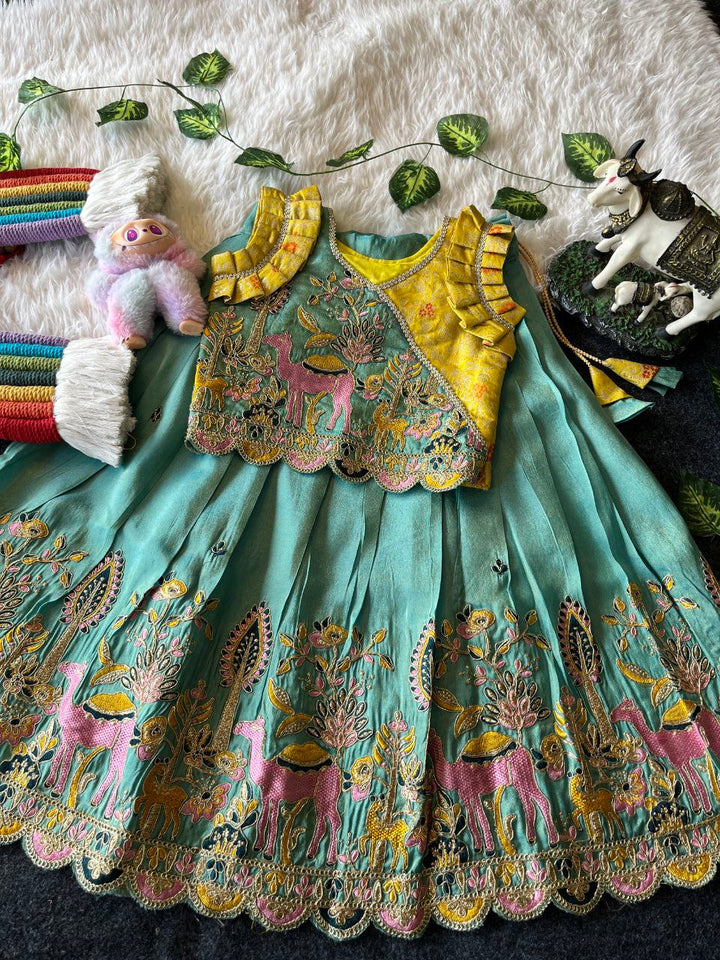 Viscose Tissue Fabric Forest Fairy Kids Lehenga with Mission embroidery