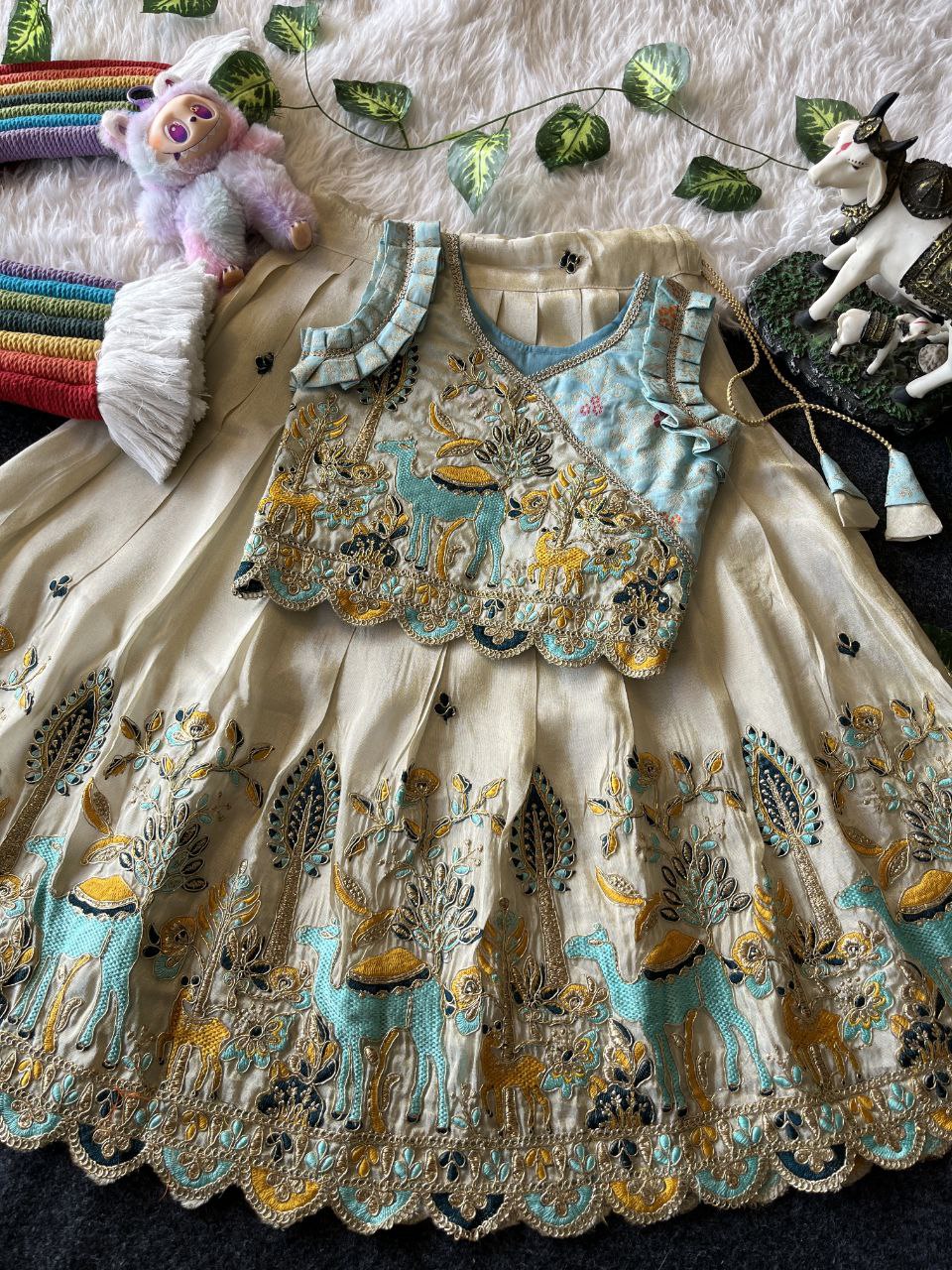 Viscose Tissue Fabric Forest Fairy Kids Lehenga with Mission embroidery