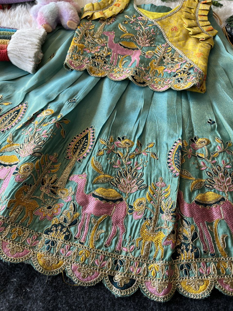Viscose Tissue Fabric Forest Fairy Kids Lehenga with Mission embroidery