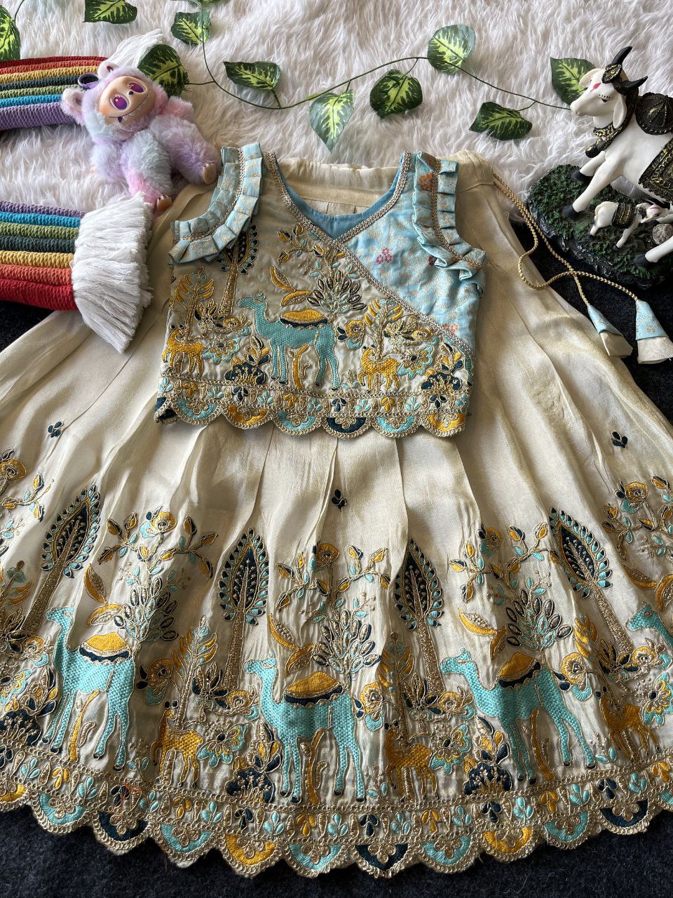 Viscose Tissue Fabric Forest Fairy Kids Lehenga with Mission embroidery