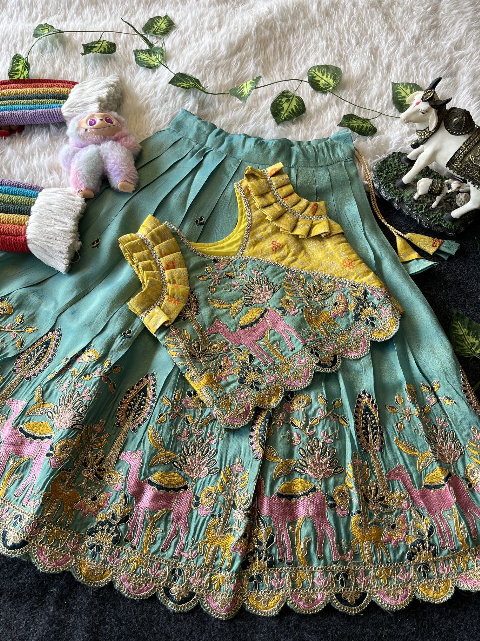 Viscose Tissue Fabric Forest Fairy Kids Lehenga with Mission embroidery