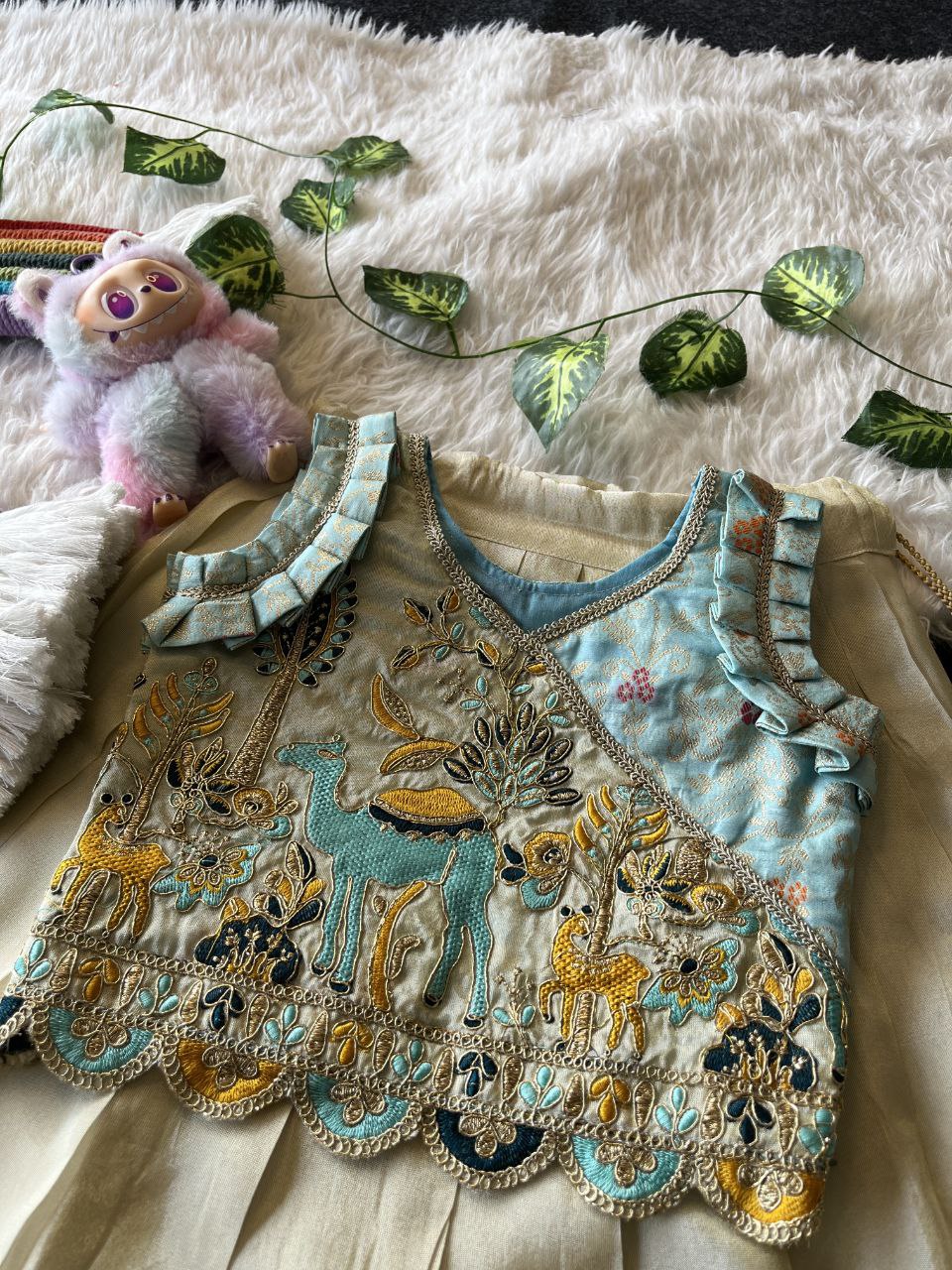 Viscose Tissue Fabric Forest Fairy Kids Lehenga with Mission embroidery