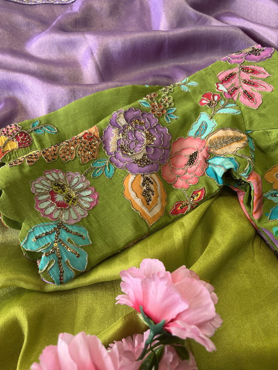 ✨ Lavender Lime Elegance – Designer Boutique Saree ✨