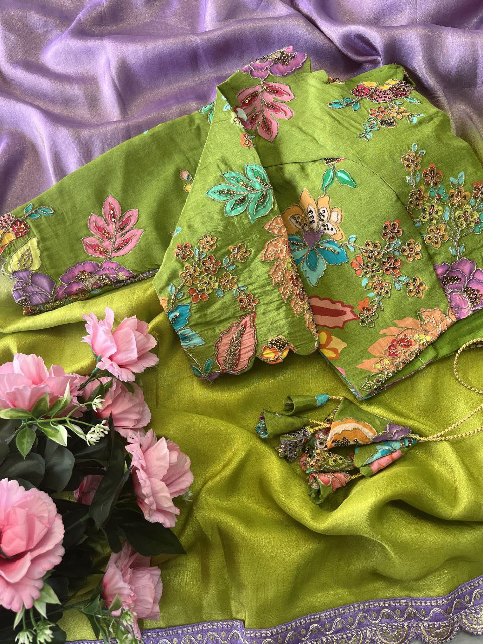 ✨ Lavender Lime Elegance – Designer Boutique Saree ✨