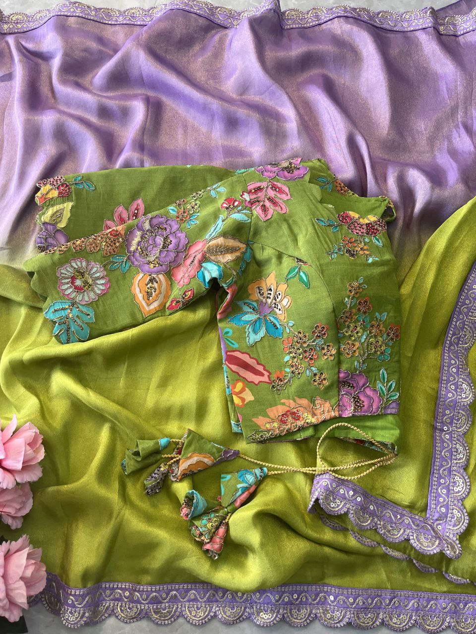 ✨ Lavender Lime Elegance – Designer Boutique Saree ✨