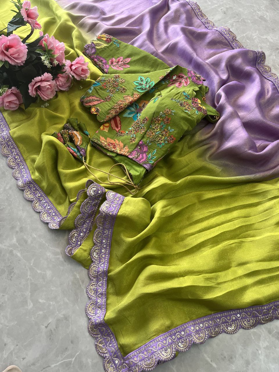 ✨ Lavender Lime Elegance – Designer Boutique Saree ✨