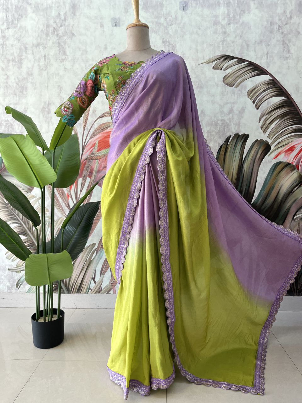 ✨ Lavender Lime Elegance – Designer Boutique Saree ✨