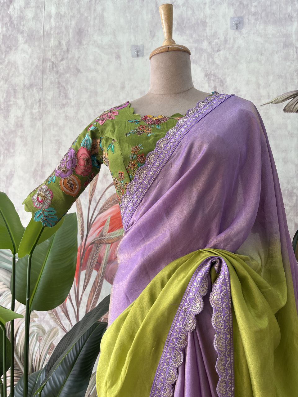 ✨ Lavender Lime Elegance – Designer Boutique Saree ✨