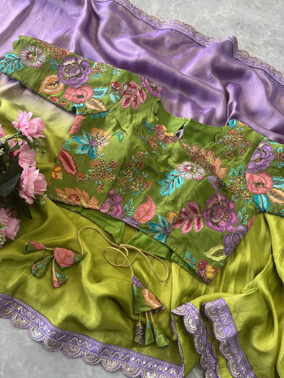 ✨ Lavender Lime Elegance – Designer Boutique Saree ✨