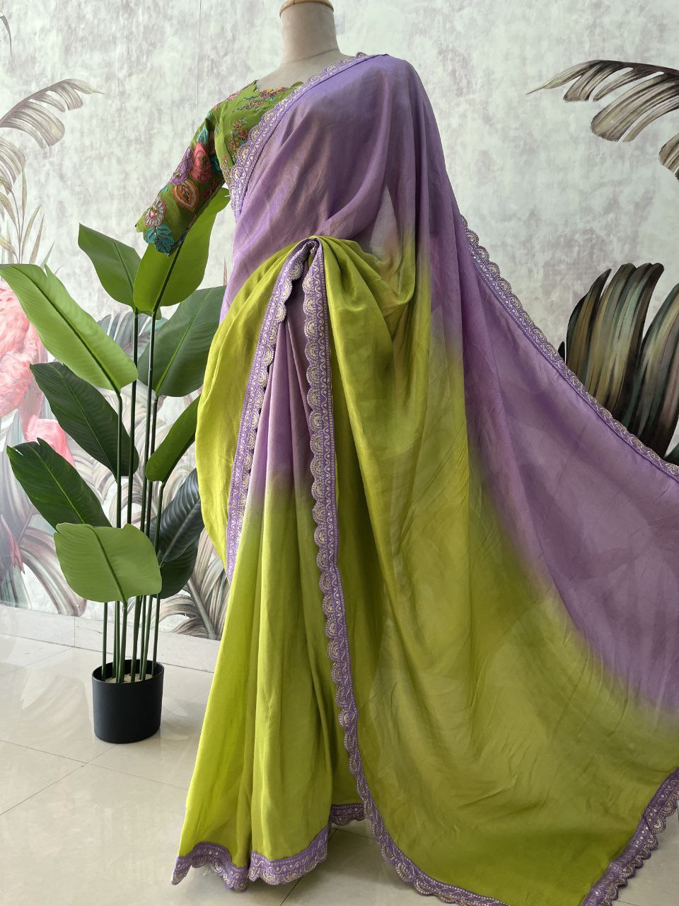✨ Lavender Lime Elegance – Designer Boutique Saree ✨