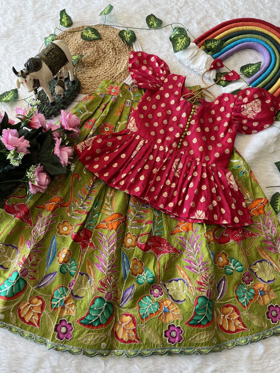 🌿 Flamingo Garden Glow – Kids Designer Lehenga Set 🌿