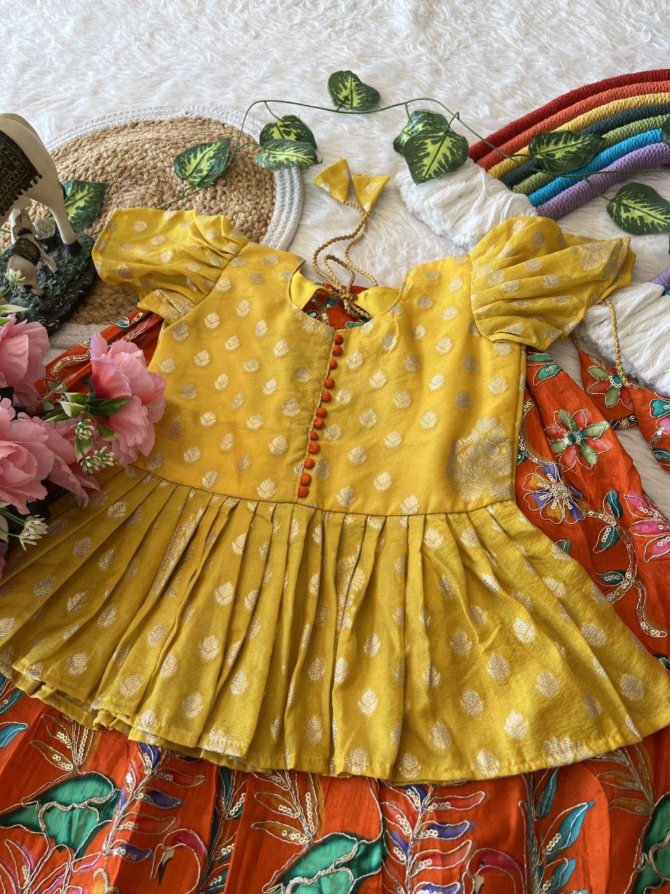 🌿 Flamingo Garden Glow – Kids Designer Lehenga Set 🌿