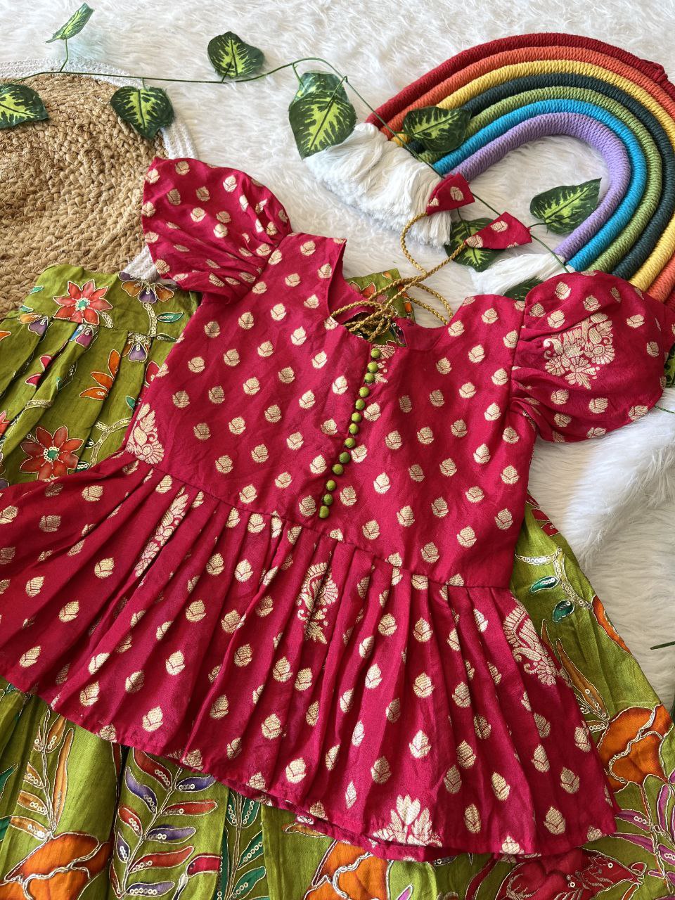 🌿 Flamingo Garden Glow – Kids Designer Lehenga Set 🌿