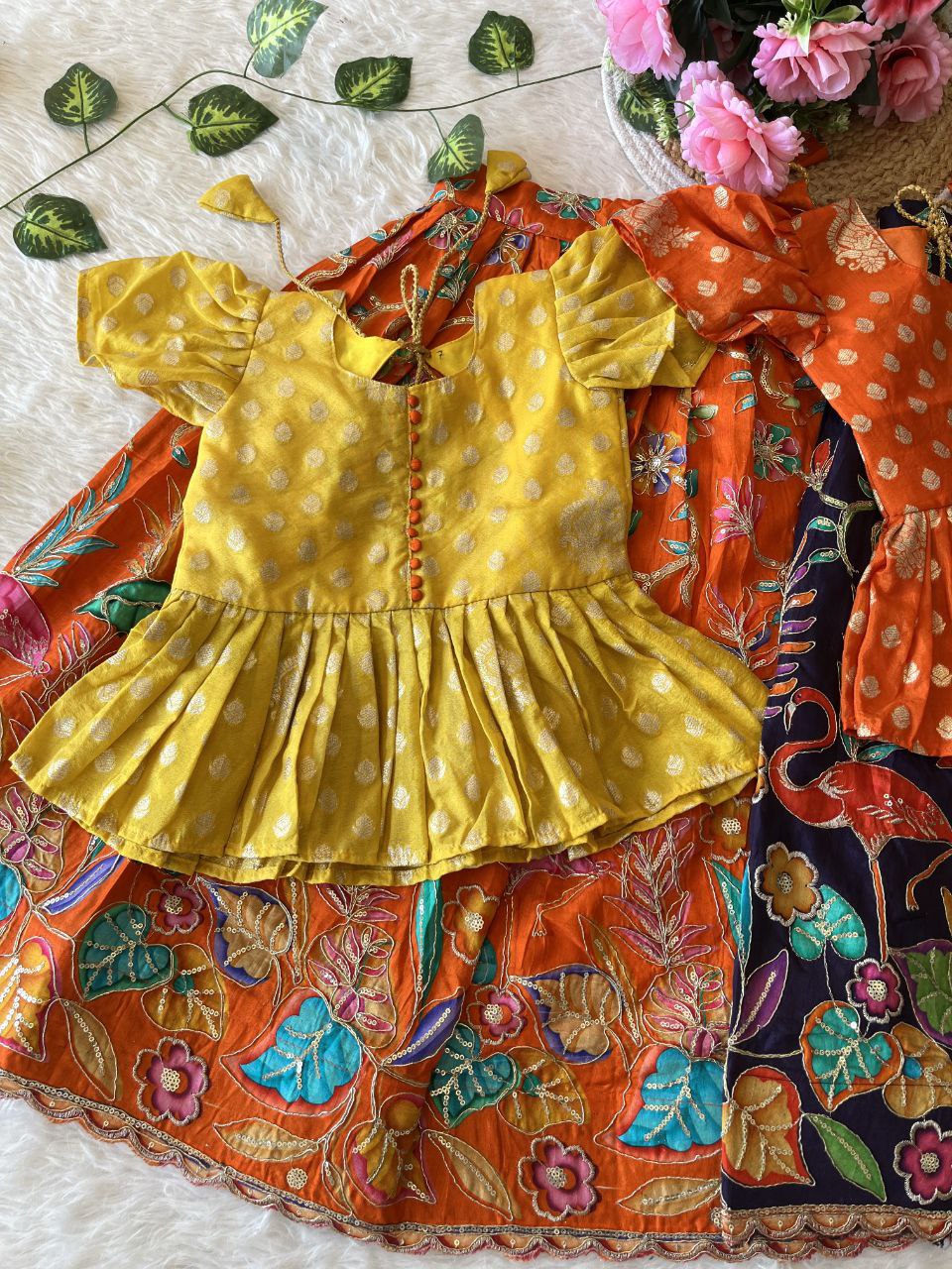 🌿 Flamingo Garden Glow – Kids Designer Lehenga Set 🌿