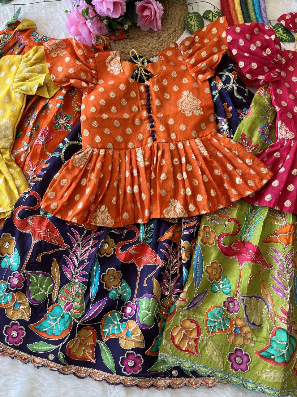 🌿 Flamingo Garden Glow – Kids Designer Lehenga Set 🌿