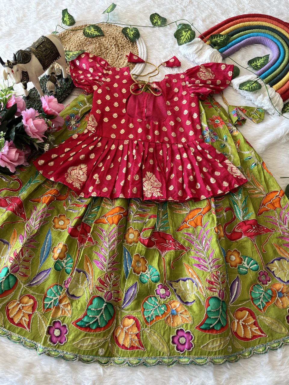 🌿 Flamingo Garden Glow – Kids Designer Lehenga Set 🌿