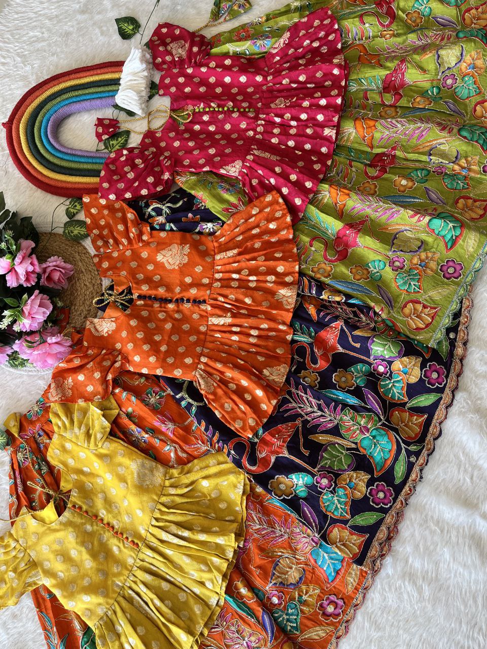 🌿 Flamingo Garden Glow – Kids Designer Lehenga Set 🌿