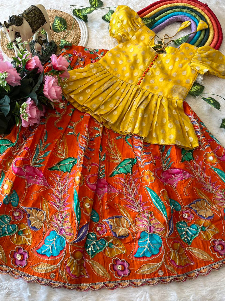 🌿 Flamingo Garden Glow – Kids Designer Lehenga Set 🌿