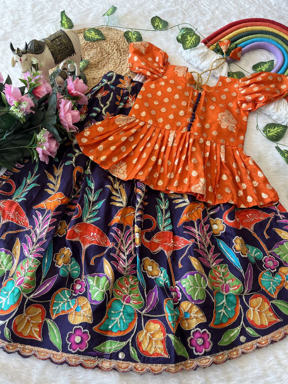 🌿 Flamingo Garden Glow – Kids Designer Lehenga Set 🌿