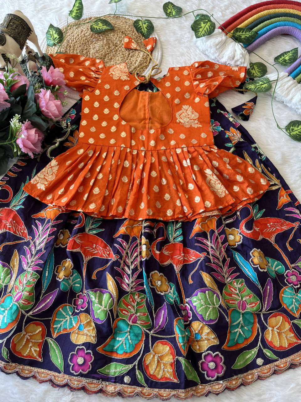 🌿 Flamingo Garden Glow – Kids Designer Lehenga Set 🌿