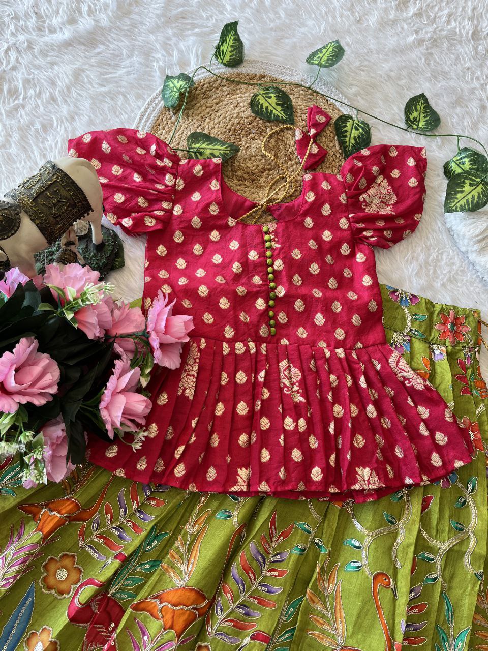 🌿 Flamingo Garden Glow – Kids Designer Lehenga Set 🌿