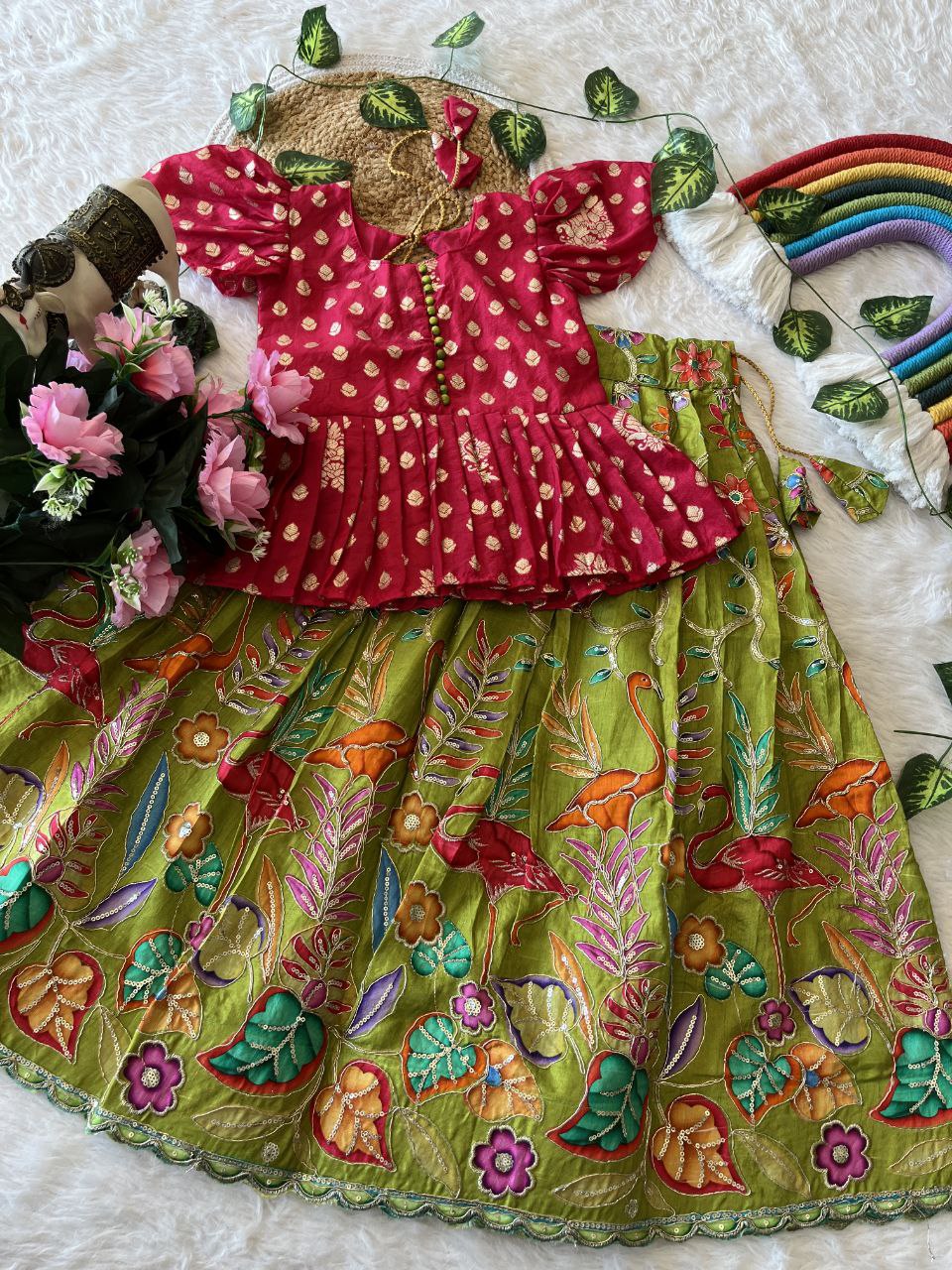 🌿 Flamingo Garden Glow – Kids Designer Lehenga Set 🌿