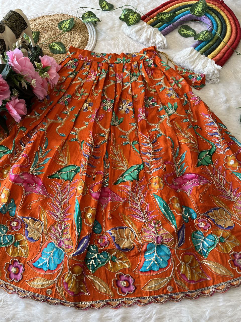 🌿 Flamingo Garden Glow – Kids Designer Lehenga Set 🌿