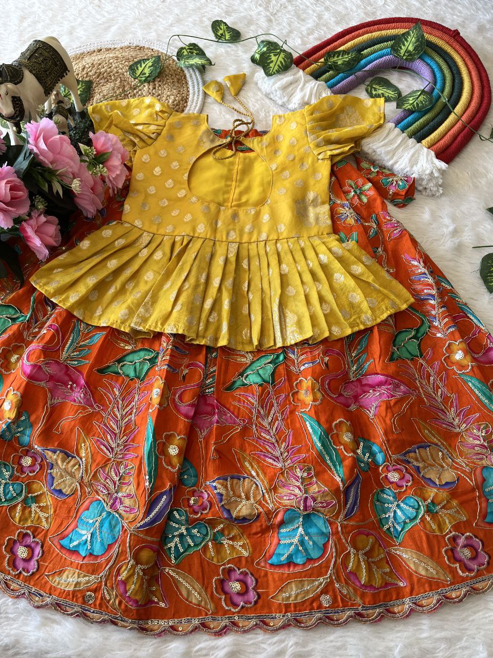 🌿 Flamingo Garden Glow – Kids Designer Lehenga Set 🌿