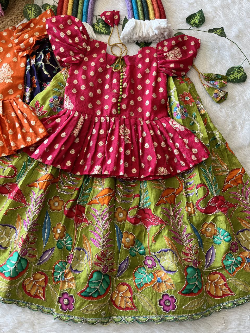 🌿 Flamingo Garden Glow – Kids Designer Lehenga Set 🌿