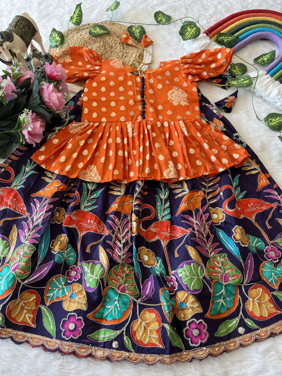 🌿 Flamingo Garden Glow – Kids Designer Lehenga Set 🌿
