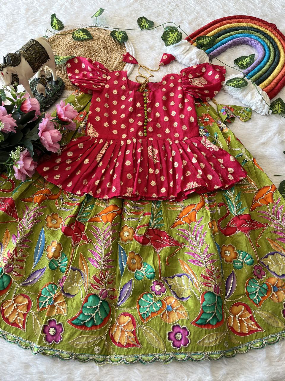 🌿 Flamingo Garden Glow – Kids Designer Lehenga Set 🌿