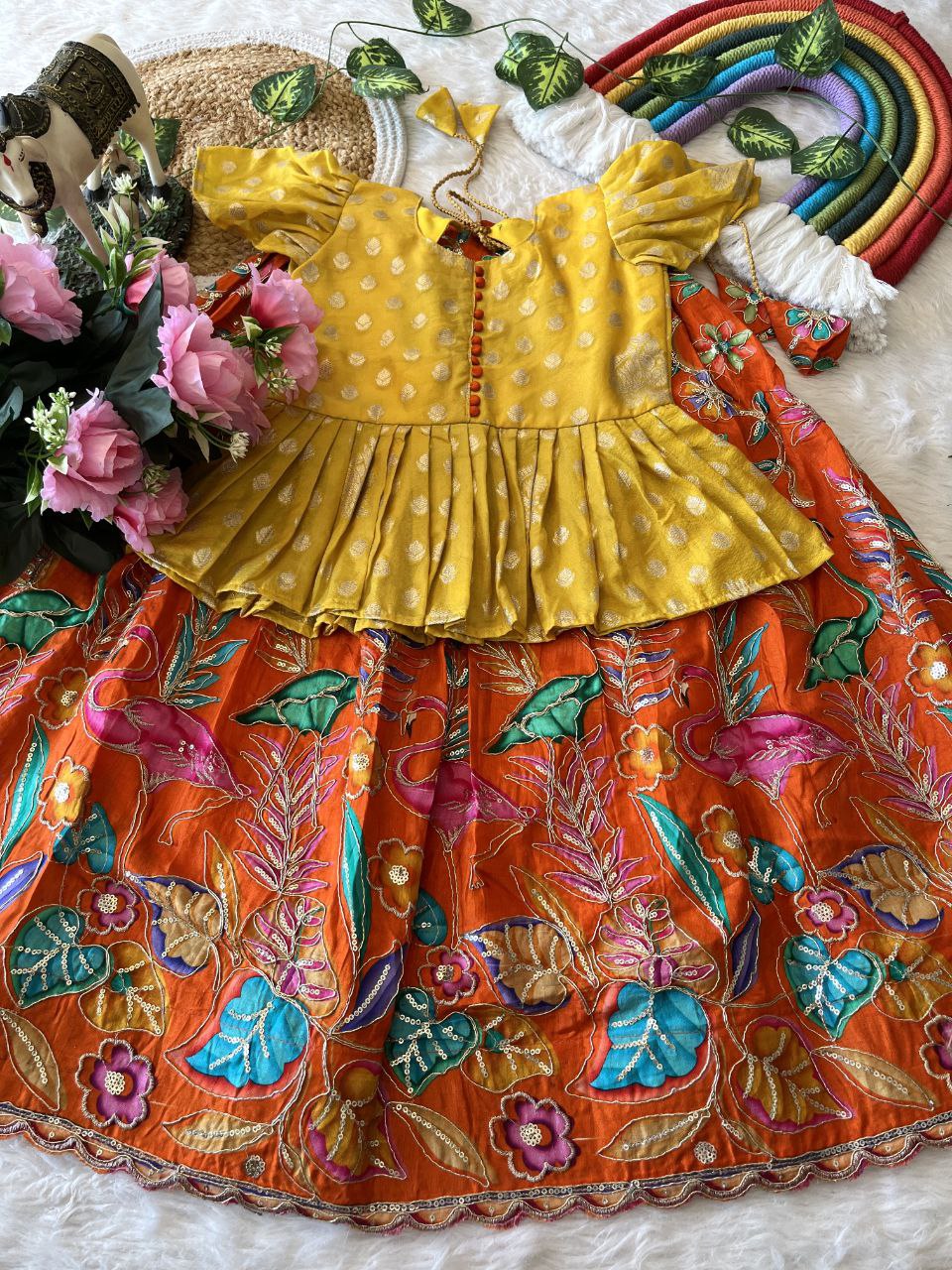 🌿 Flamingo Garden Glow – Kids Designer Lehenga Set 🌿
