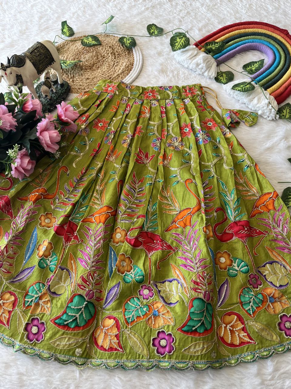 🌿 Flamingo Garden Glow – Kids Designer Lehenga Set 🌿