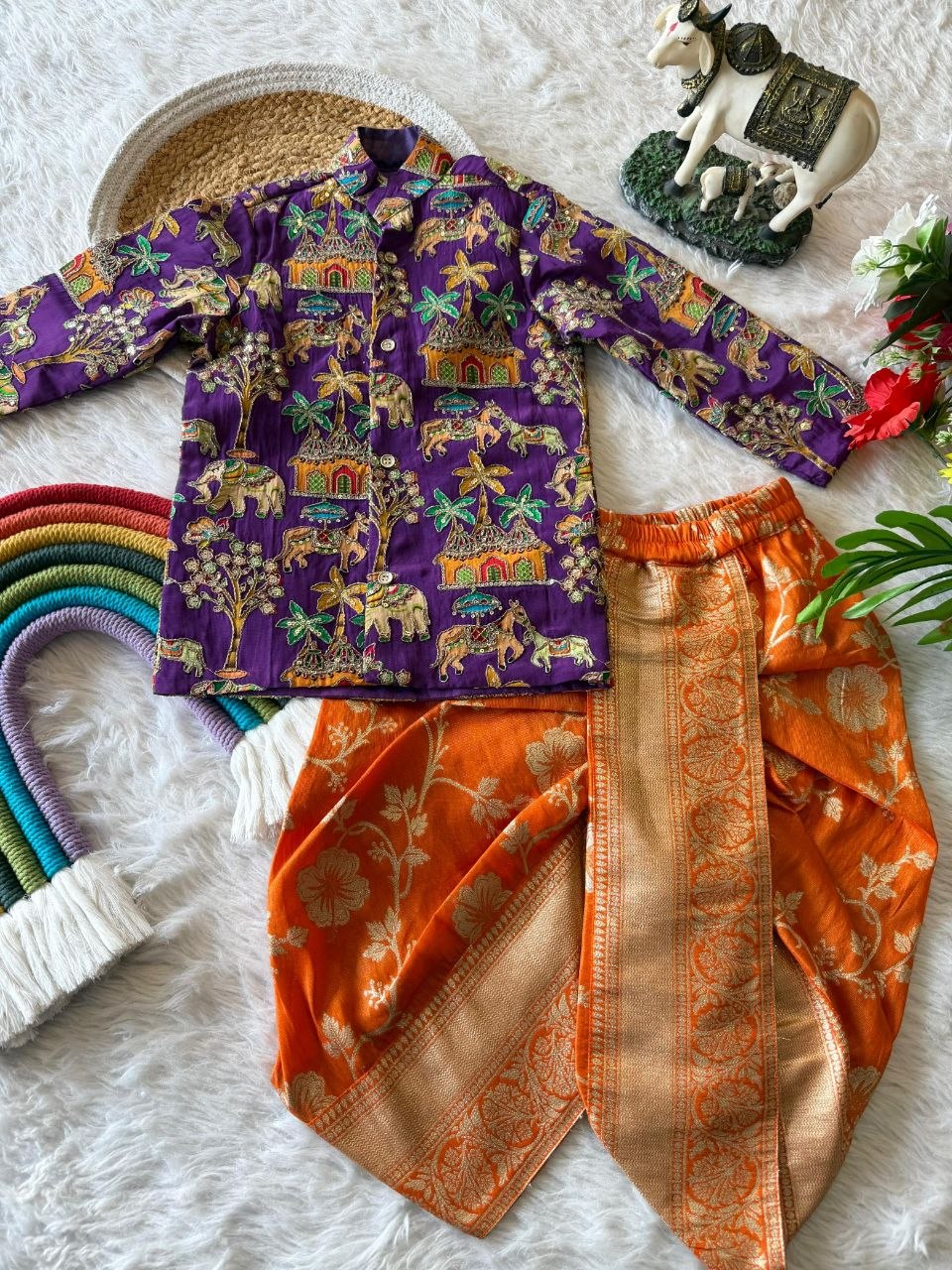 Trending Boys Dhoti Kurta Set – Embroidered Viscose Crepe Kurta with Zari Woven Tissue Dhoti