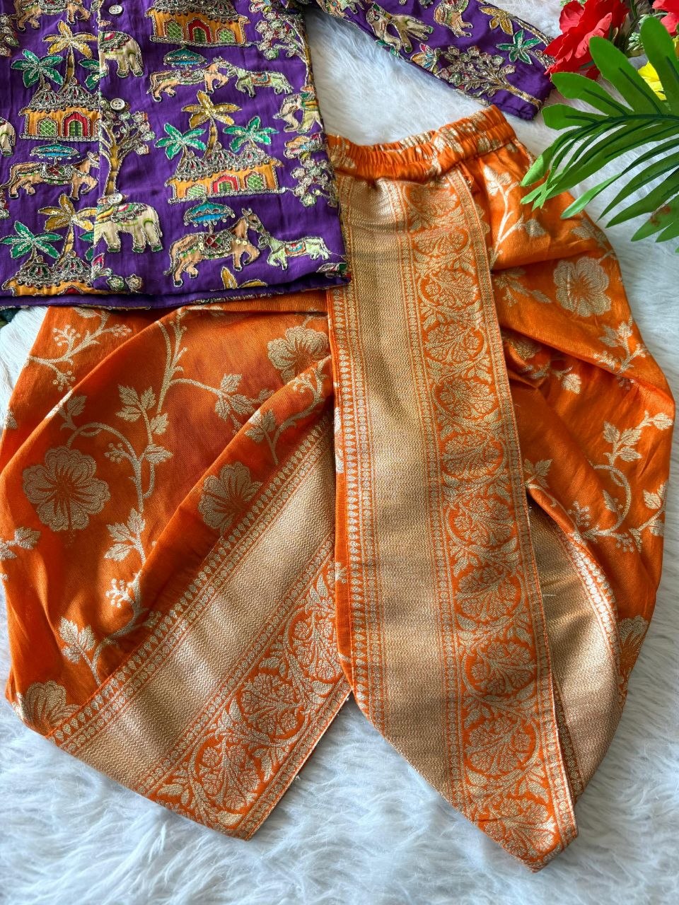 Trending Boys Dhoti Kurta Set – Embroidered Viscose Crepe Kurta with Zari Woven Tissue Dhoti