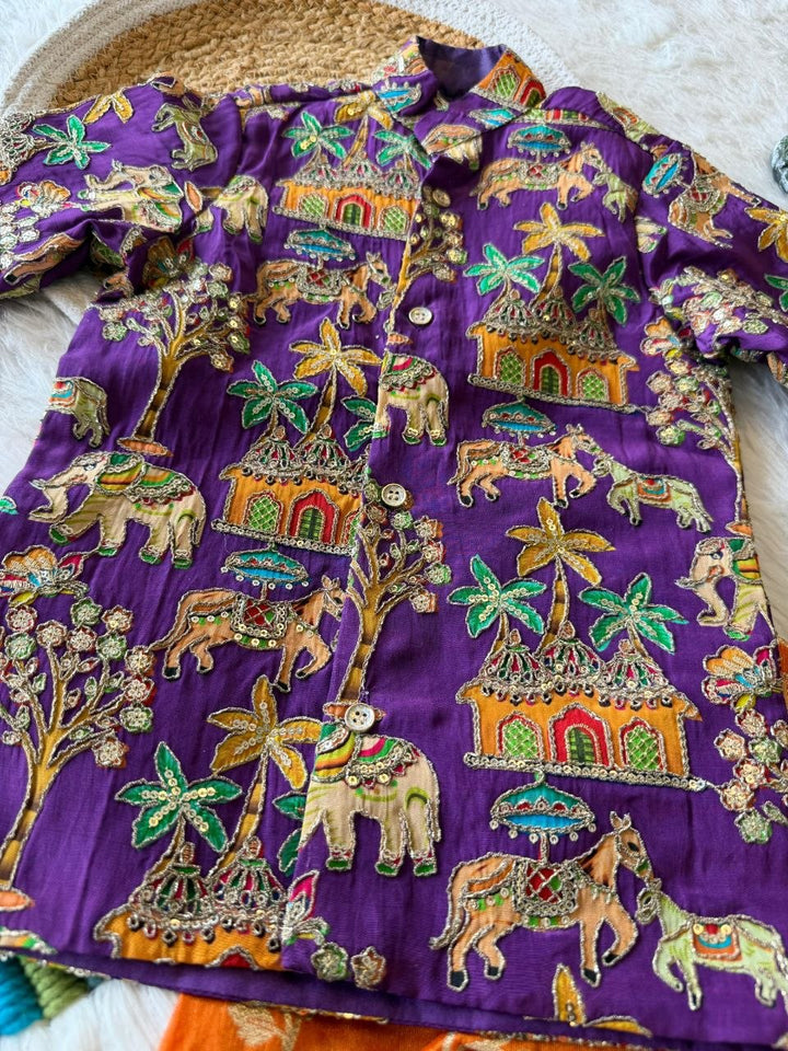 Trending Boys Dhoti Kurta Set – Embroidered Viscose Crepe Kurta with Zari Woven Tissue Dhoti