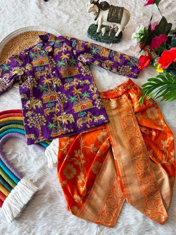Trending Boys Dhoti Kurta Set – Embroidered Viscose Crepe Kurta with Zari Woven Tissue Dhoti