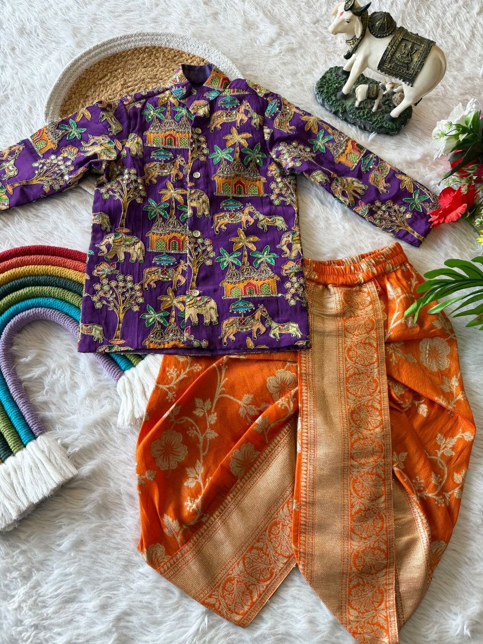 Trending Boys Dhoti Kurta Set – Embroidered Viscose Crepe Kurta with Zari Woven Tissue Dhoti