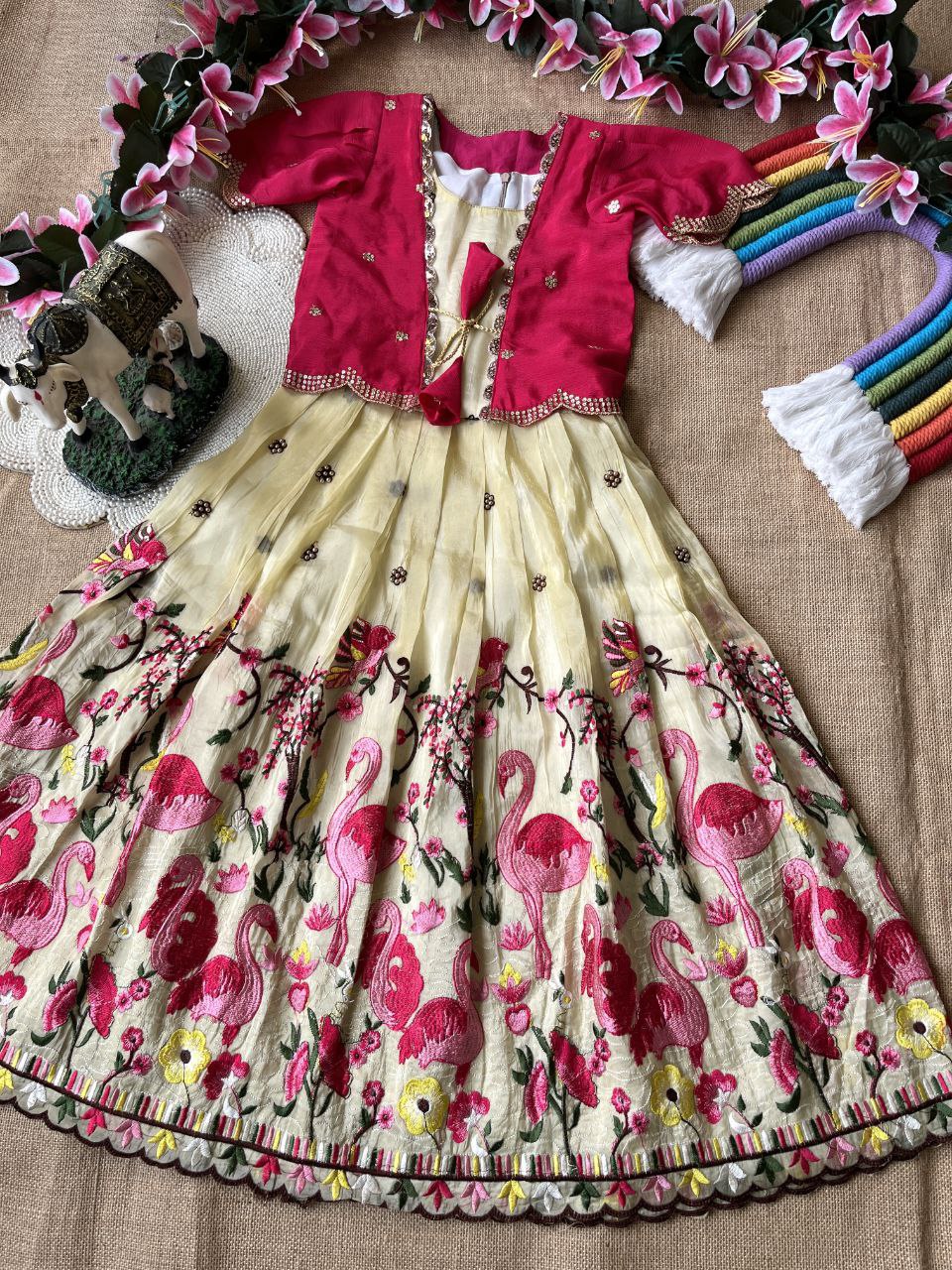 🦩 Flamingo Twin Tone Elegance – Kids Gown with Coat Set 🦩