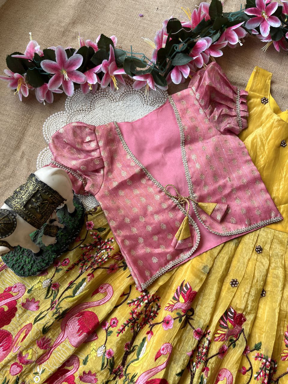 🦩 Flamingo Twin Tone Elegance – Kids Gown with Coat Set 🦩