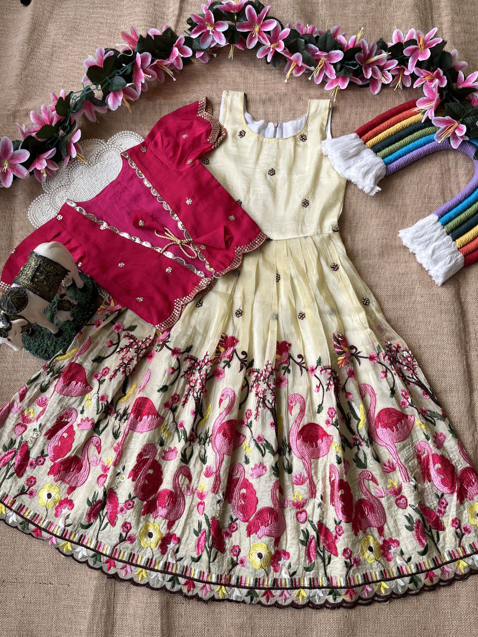 🦩 Flamingo Twin Tone Elegance – Kids Gown with Coat Set 🦩