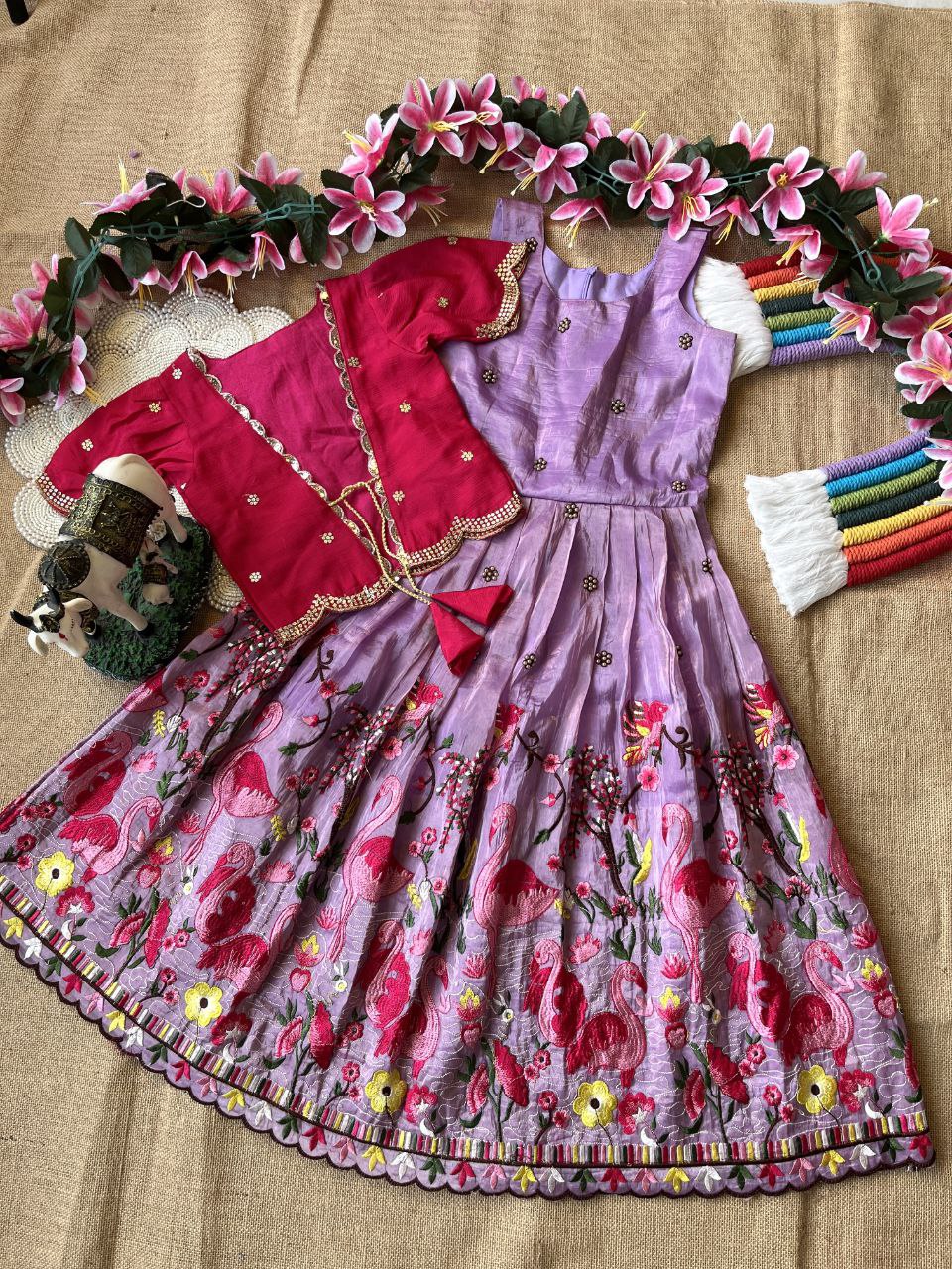 🦩 Flamingo Twin Tone Elegance – Kids Gown with Coat Set 🦩