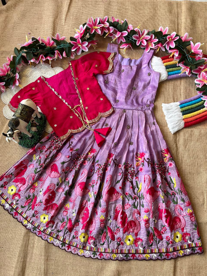 🦩 Flamingo Twin Tone Elegance – Kids Gown with Coat Set 🦩