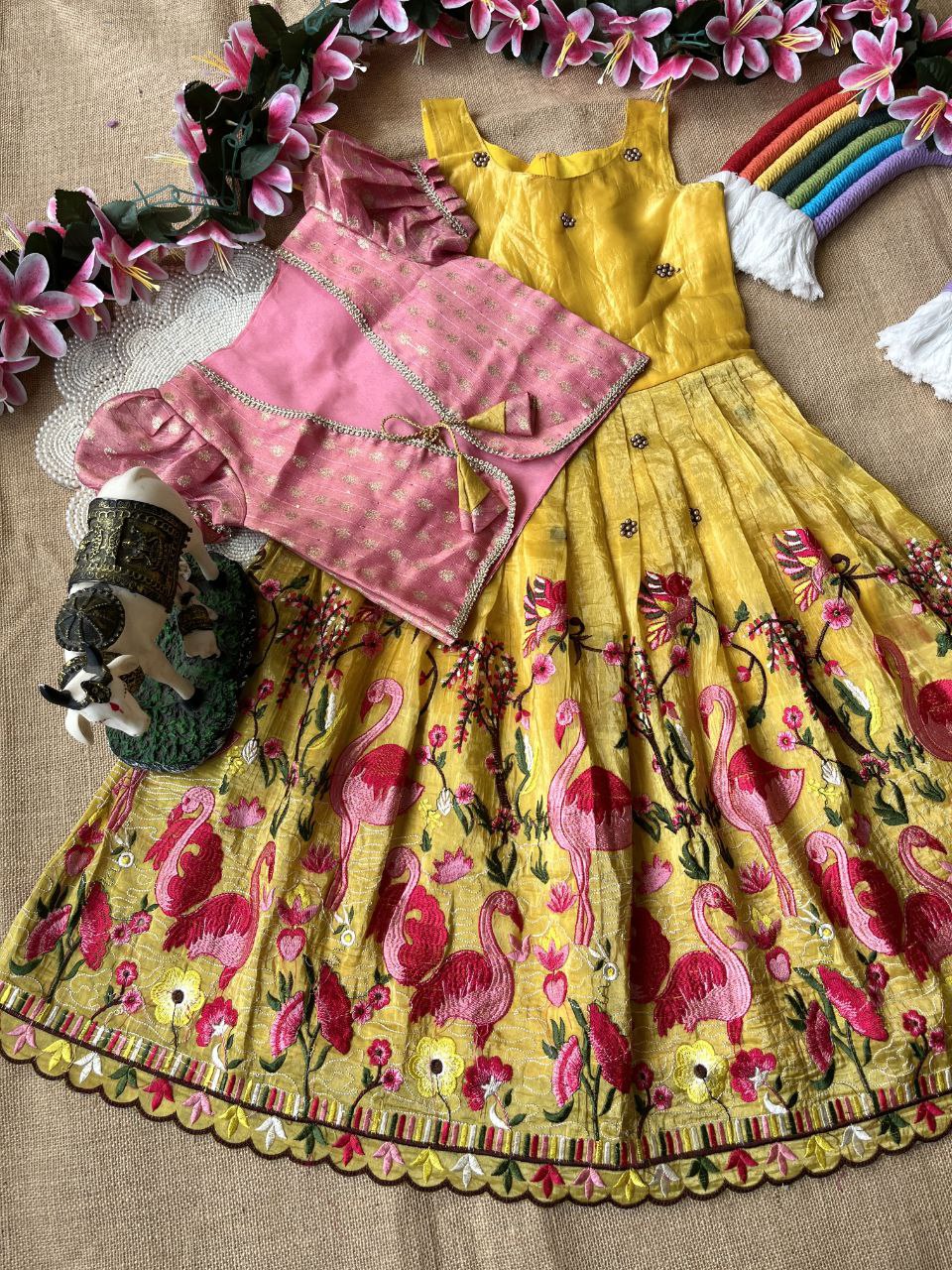 🦩 Flamingo Twin Tone Elegance – Kids Gown with Coat Set 🦩