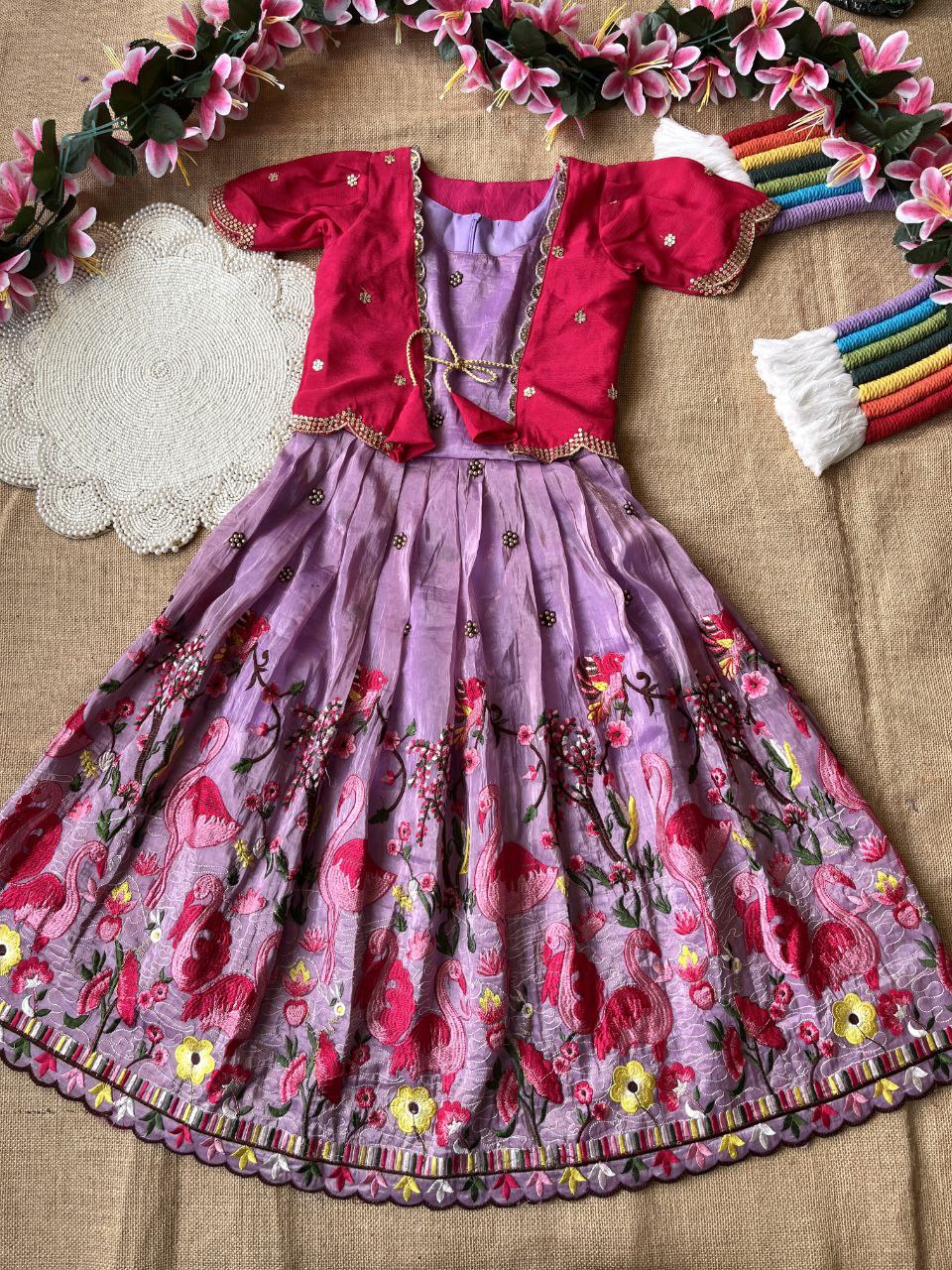 🦩 Flamingo Twin Tone Elegance – Kids Gown with Coat Set 🦩