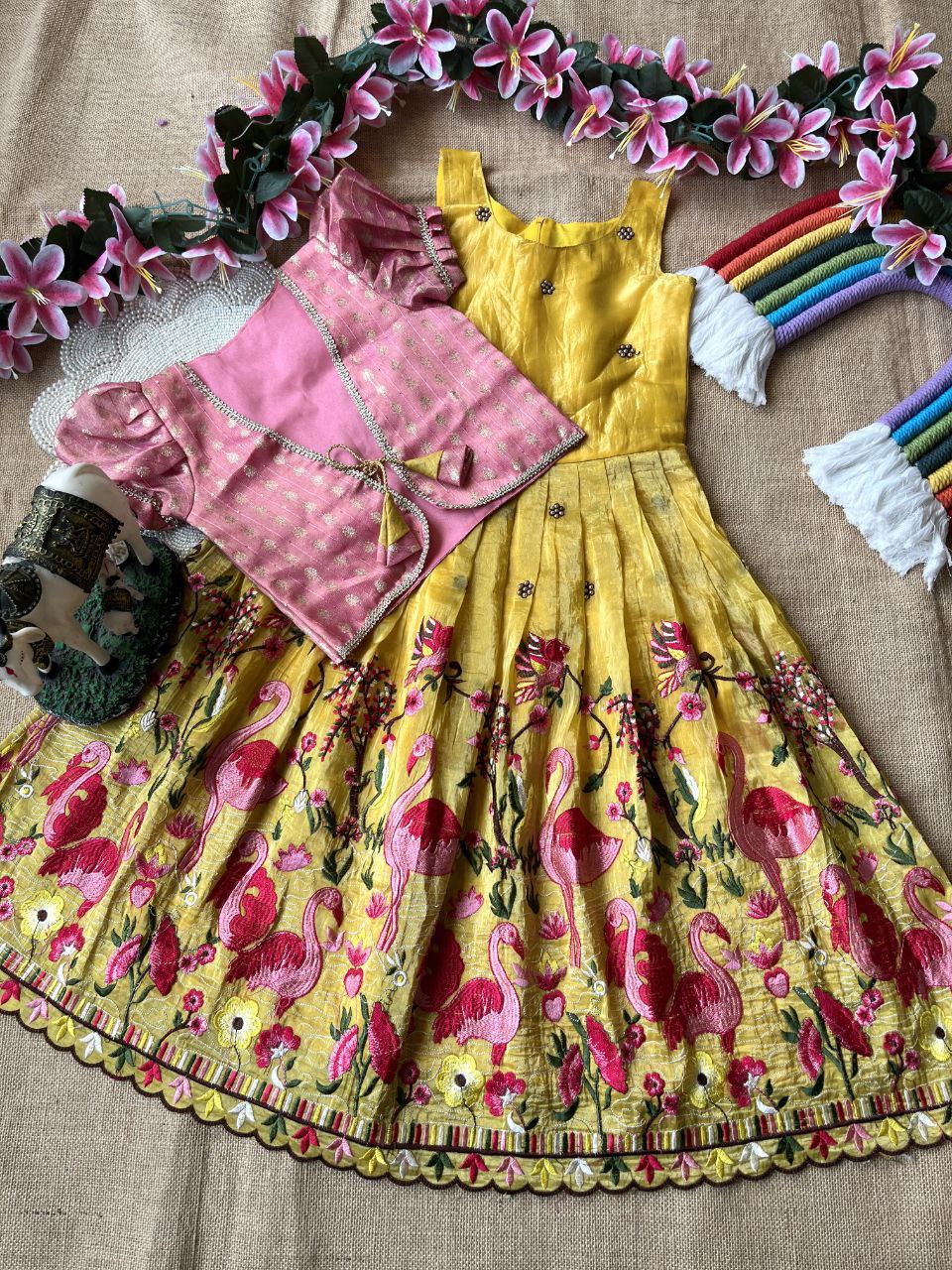 🦩 Flamingo Twin Tone Elegance – Kids Gown with Coat Set 🦩