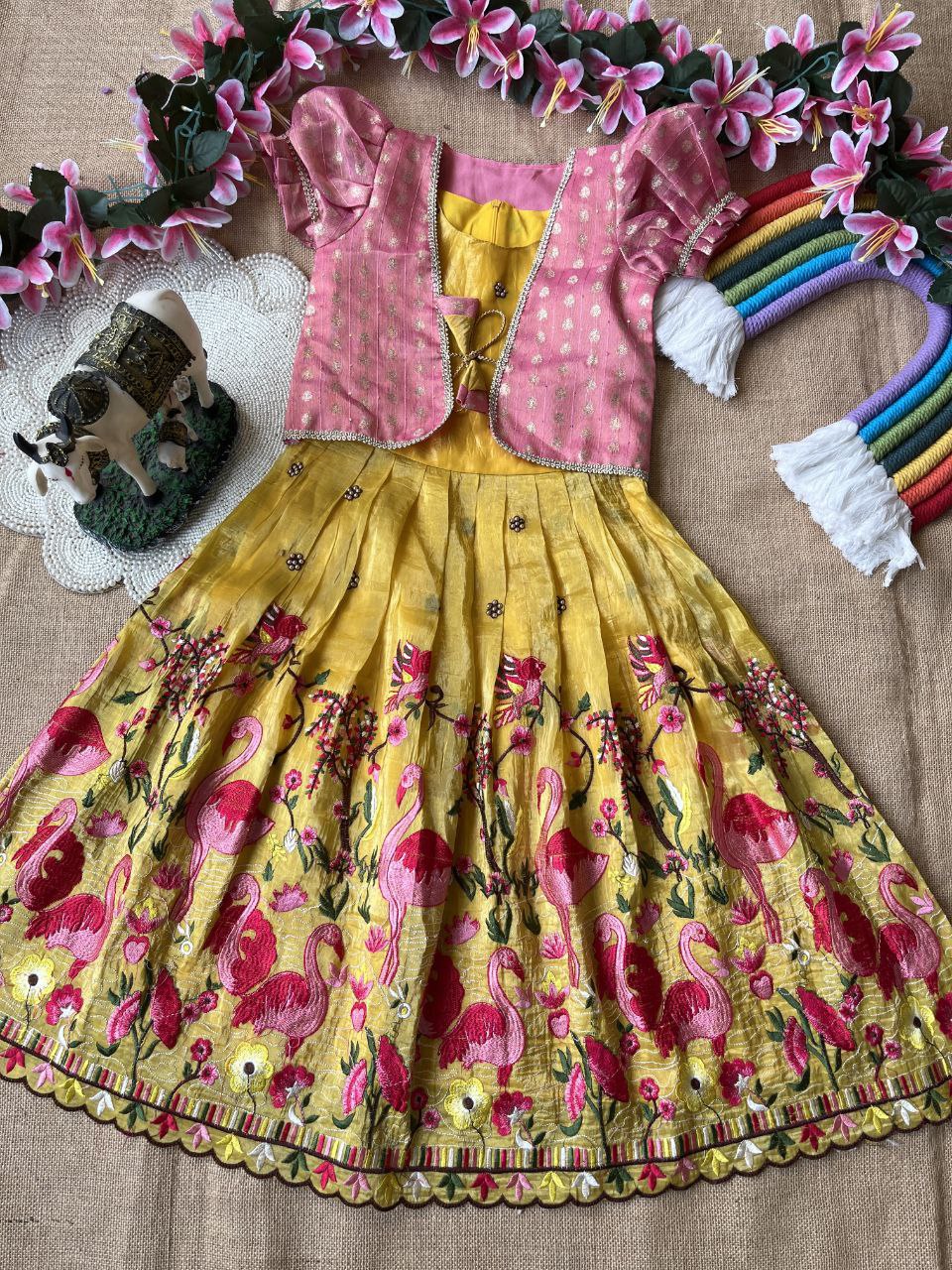 🦩 Flamingo Twin Tone Elegance – Kids Gown with Coat Set 🦩
