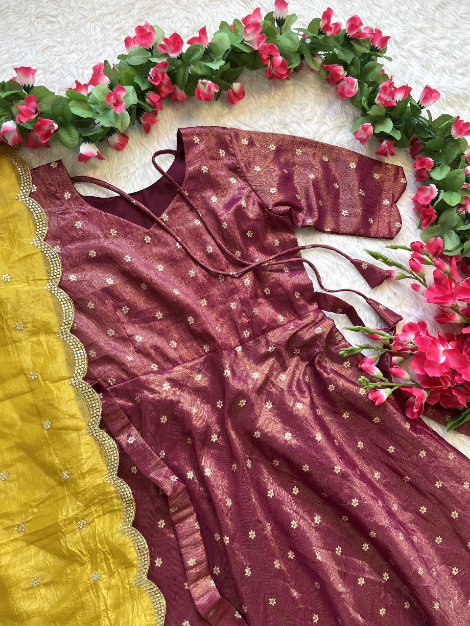 🌸 Golden Bloom Aura – Designer Tissue Gown Set 🌸