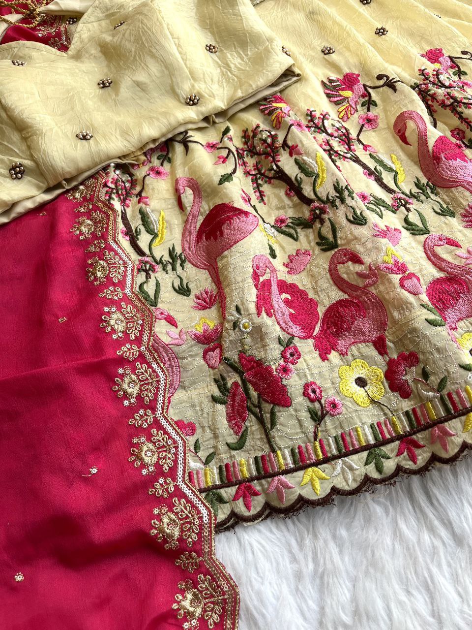 🦩 Flamingo Golden Royale – Designer Lehenga Set ❤️