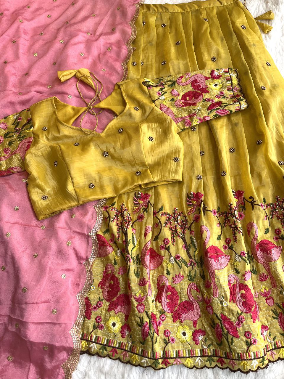 🦩 Flamingo Golden Royale – Designer Lehenga Set ❤️
